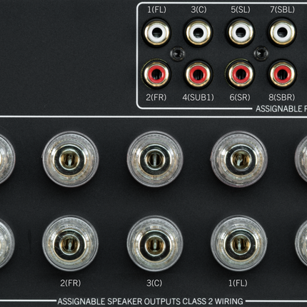 Detaliu al conectorilor JBL Synthesis SDR-40, cu iesirile de preamplificare si bornele de difuzor etichetate pe canale