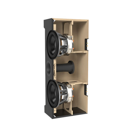 Sectiune prin subwooferul JBL Synthesis SSW-1, cu consolidarile interne, cele doua woofere in camere separate si portul Slipstream