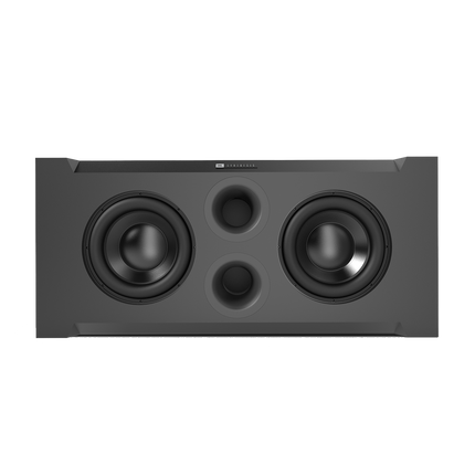 Subwoofer JBL Synthesis SSW-1 asezat orizontal, vedere frontala fara grila, cu cele doua woofere si porturile centrale