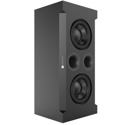 Subwoofer pasiv JBL Synthesis SSW-1 in pozitie verticala, vazut din unghi, cu cele doua woofere de 15 inchi si porturile frontale