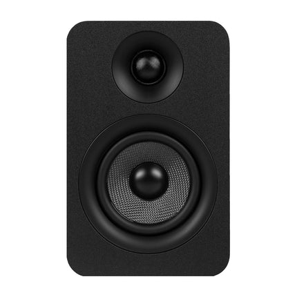 Една черна тонколона Kanto Audio YUP4 отпред: копринен туитър и Kevlar уофър