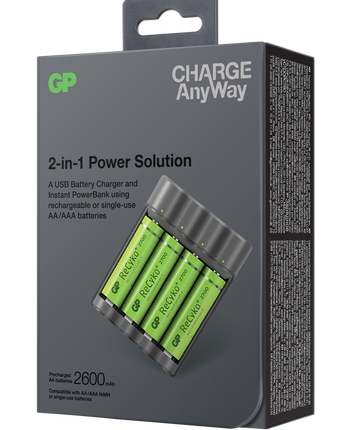 Зарядно устройство и powerbank GP Charge AnyWay X411 + 4 батерии ReCyko AA 2700mAh