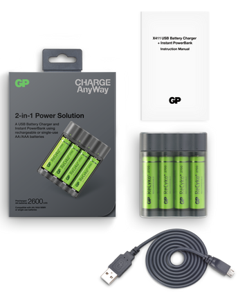 Зарядно устройство и powerbank GP Charge AnyWay X411 + 4 батерии ReCyko AA 2700mAh