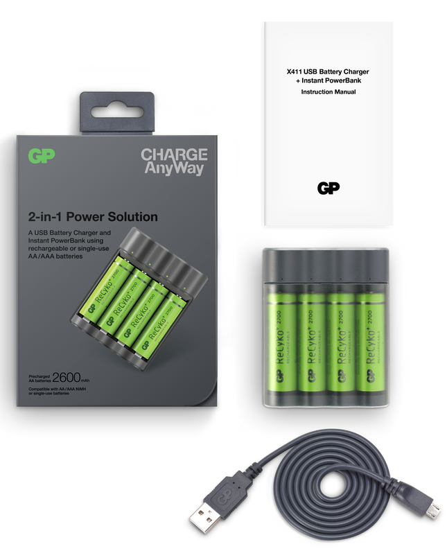 Зарядно устройство и powerbank GP Charge AnyWay X411 + 4 батерии ReCyko AA 2700mAh