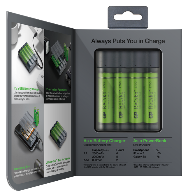 Зарядно устройство и powerbank GP Charge AnyWay X411 + 4 батерии ReCyko AA 2700mAh