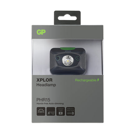 GP XPLOR PHR15 акумулаторен челник, сензор за близост, 300 lm, 3xAAA NiMH, бяла и червена светлина