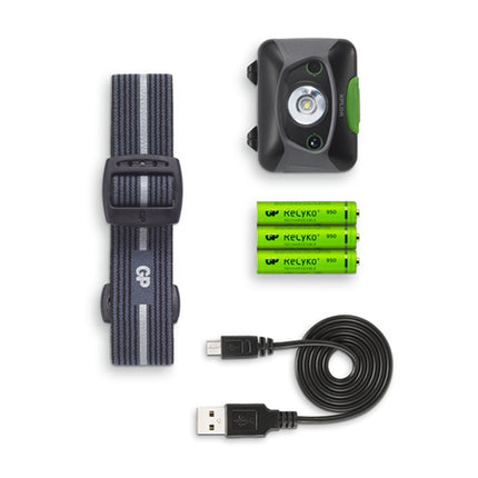 GP XPLOR PHR15 акумулаторен челник, сензор за близост, 300 lm, 3xAAA NiMH, бяла и червена светлина