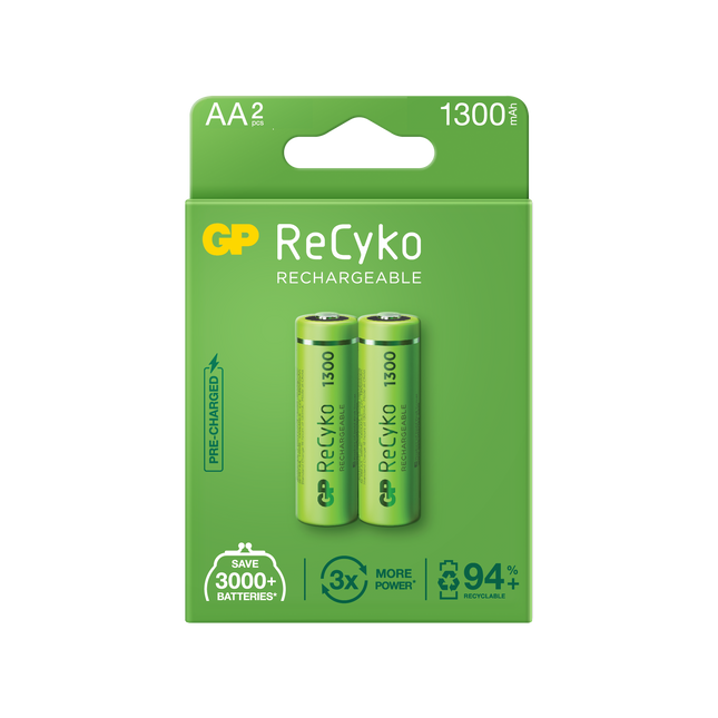 Акумулаторни батерии GP ReCyko AA 1300mAh (R6), рециклируеми опаковки 2бр.
