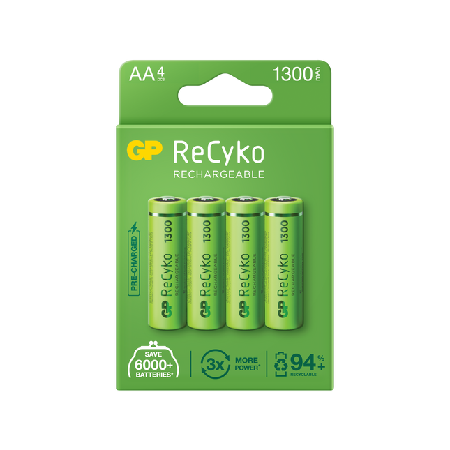 Акумулаторни батерии GP ReCyko AA 1300mAh (R6), рециклируеми опаковки 4бр.