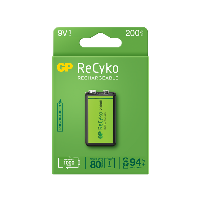 Акумулаторни батерии GP ReCyko 9V 200mAh, рециклируема опаковка 1бр.