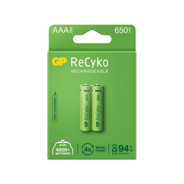 Акумулаторни батерии GP ReCyko AAA 650mAh (R03), рециклируеми опаковки 2бр.