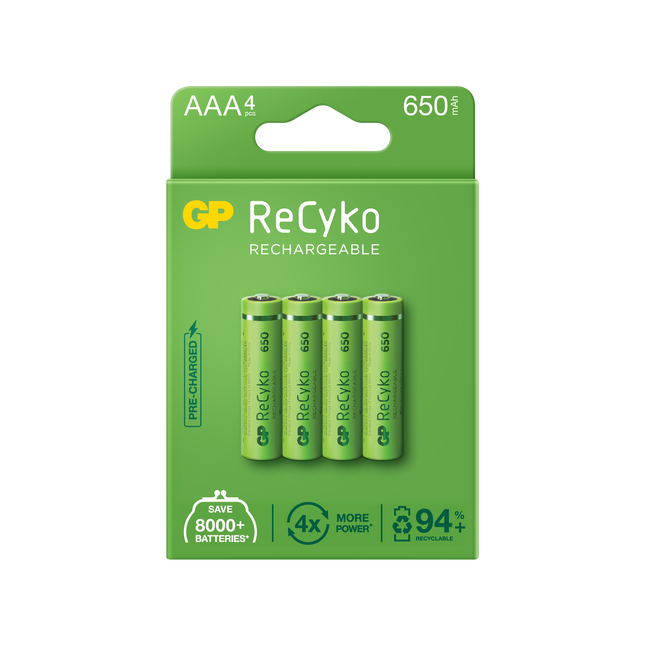 Акумулаторни батерии GP ReCyko AAA 650mAh (R03), рециклируеми опаковки 4 бр.