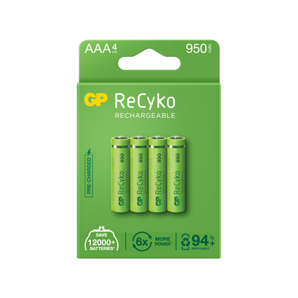 Акумулаторни батерии GP ReCyko AAA 950mAh (R03), рециклируеми опаковки 4 бр. повторно запечатани