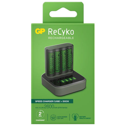 GP ReCyko Speed ​​​​Charger M451 зарядно устройство за батерии + 4 ReCyko AA 2600mAh батерии + D451 докинг станция за зареждане