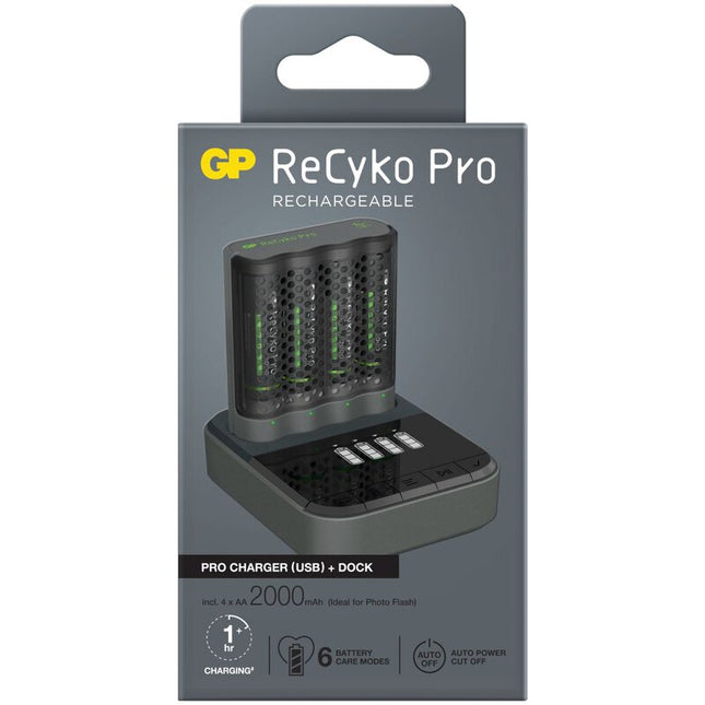 GP ReCyko Pro Charger P461 зарядно устройство за батерии + 4 батерии ReCyko Pro AA 2000mAh + D461 докинг станция за зареждане